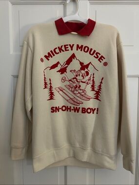 Disney Cream Crewneck Sweatshirt with Red Mickey Ski Graphic